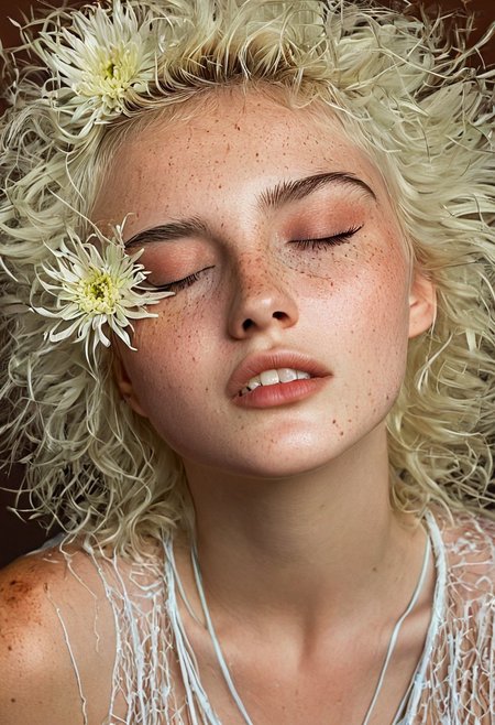 This is a highly detailed, hyper-realistic digital painting or photo-realistic digital illustration of a young woman with a strikingly ethereal appearance. The subject has short, platinum blonde hair styled in a messy, tousled manner with a subtle wave. Her skin is fair, covered in a light dusting of freckles across her cheeks and nose. Her eyes are closed, and her expression is serene with a slight smile. Her lips are full and slightly parted, giving an almost dreamy expression.
The woman's face and upper torso are adorned with a delicate, semi-transparent white netting that frames her face and cascades down her chest. This netting is adorned with large, delicate chrysanthemum flowers in shades of white and a hint of yellow, adding a surreal and otherworldly feel to the image. The flowers are positioned around her neck and shoulders, with some petals touching her skin.
Her makeup is subtle yet striking, with a focus on highlighting her natural beauty; she wears a soft, pale pink blush that subtly enhances her cheeks, and a touch of shimmer on her eyelids. The background is a warm, earthy brown, which contrasts subtly with the cool tones of her skin and the cool, white flowers.
