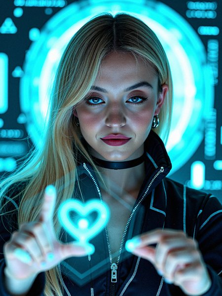 Photorealistic of a potrait shot scene where  a young and gorgeous beauty as a Holographic Interface Designer with long platinum-blonde hair in the center of a futuristic, holographic interface. The vibrant cyan data rings and geometric shapes from the background are surrounding her, some even seemingly projected from her hands as if she’s controlling the interface. Her partially unzipped circuit print stylish futuristic engineer uniform and choker contrast with the high-tech environment, creating a visual blend of the modern and the digital. Her eyes are focused on a specific holographic display in front of her, as if she is analyzing data or searching for information.

subtle, dynamic holographic patterns that shift colors along the stripes of her outfit, integrating her more into the digital environment.faintly glowing lines within her outfit’s fabric, creating a futuristic look that suggests advanced material technology. Her heart pendant have a small, glowing core, pulsing with light in sync with the holographic background. Very realistic overall texture composition.

Hairstyle is Messy Bedhead Waves, Deliberately messy waves created by scrunching the hair with mousse or sea salt spray for an undone, edgy look.

varying levels of transparency to different holographic elements, creating a layered and dynamic interface. a slight reflective glare on her lips to match the ambient light, enhancing their natural appearance.minor, flickering glitches or pixelations on some holographic elements, adding realism and a sense of dynamic interaction.

Close-up with her eyes half-lidded and a slight, mysterious smile on her lips.

