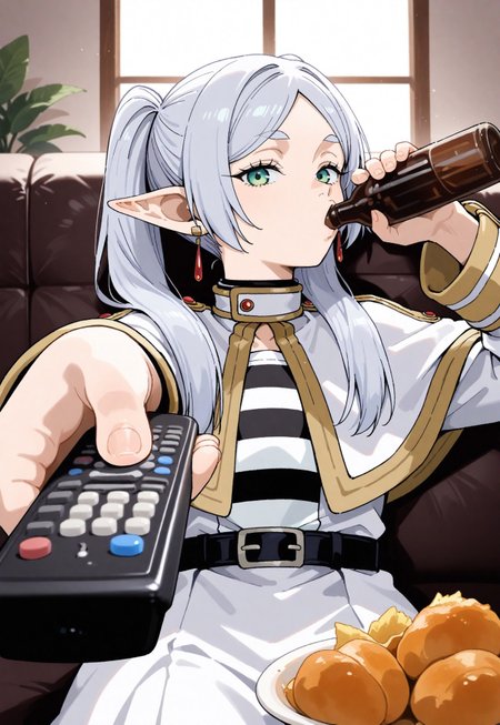 masterpiece, best quality, newest, highres, absurdres, 1girl, frieren,  sitting, holding bottle, holding remote control, controller, on couch, drinking, looking at viewer, food