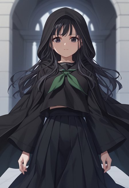 score_9, score_8_up, score_7_up, source_anime, 1girl, solo, byakuya rinne, black eyes, black serafuku, green neckerchief, black skirt, black robe, hood, cloak, veil