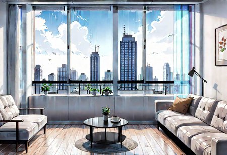 ((((front view)))), Shallow scene, ((animation style)), (((City high-rise building scenery))), ((((City scenery outside the window)))), (Facing the window), (open window), modern-style interior, Wooden floor, with white walls, (large windows), a living room, sofa and coffee table by the window sill,  (((Sofa placed horizontally))), (Behind the sofa is the window sill), noon, clear sky, low saturation