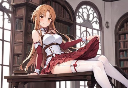 asuna_\(sao\), long_hair, skirt, red_skirt, detached_sleeves,  windmill, white_thighhighs, brown_hair,  brown_eyes, breastplate, solo, pleated_skirt, miniskirt, white_belt, garter straps, girl sitting on the table, (skirt lift),  full body view, Victorian era library study complete with bookshelves full of books, beautiful window, dark wooden floorboards, depth of field, seductive smile, light blush, masterpiece, best quality, wallpaper, extreme detail
