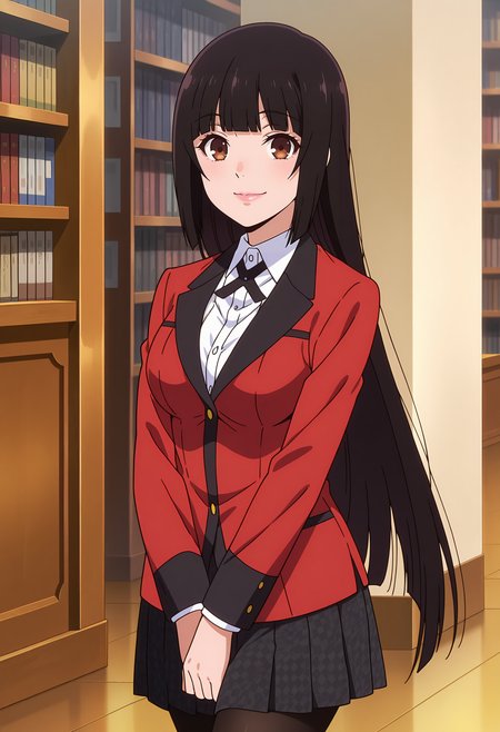 anime screencap, masterpiece, best quality,
<lora:Kakegurui_JabamiYumeko_IlluXL:0.9>,
1girl, solo, closed mouth, smile,
hime cut, black hair, long hair, blunt bangs, brown eyes, pink lips,
black cross tie, collared shirt, white shirt, red jacket, checkered skirt, pleated skirt, black skirt, black pantyhose,
walking, looking at viewer, cowboy shot, v arms,
indoors, bookshelf