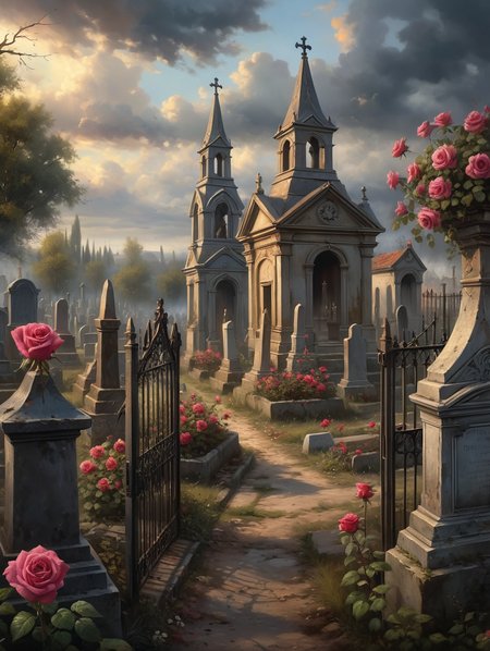 oil painting, A peaceful cemetery in the centre of an old village, surrounded by wrought-iron fences and with flowering rose beds adorning the graves, dramatic clouds, gloomy, mysterious, hazy, dusty, mystical, mysterious, gloomy, hazy, dusty, dramatic light, 34K uhd, masterpiece, high detail, 8k, intricate, detailed, high resolution, high res, high quality, <lora:add-detail-xl:1.8>, highly detailed, Extremely high-resolution details, fine texture,