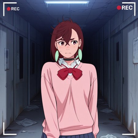 Score 9, Score 8, Score 7, Masterpiece, Superior Quality, Amazing Quality, Masterpiece, Maximum Quality, Ultra-detailed, Alone, White Frame, Maximum Contrast, Saturated Color, Bright Colors, Dynamic Lighting, alone, 20 years old, female body,
ayase_momo,
ayasemomo, hair between eyes, crossed bangs, green earrings,  brown hair, red eyes, black choker, short hair, white shirt, red bowtie,pleated skirt,school uniform, pink cardigan, long sleeves,
recording video, in an abandoned hospital, at night, nervous
