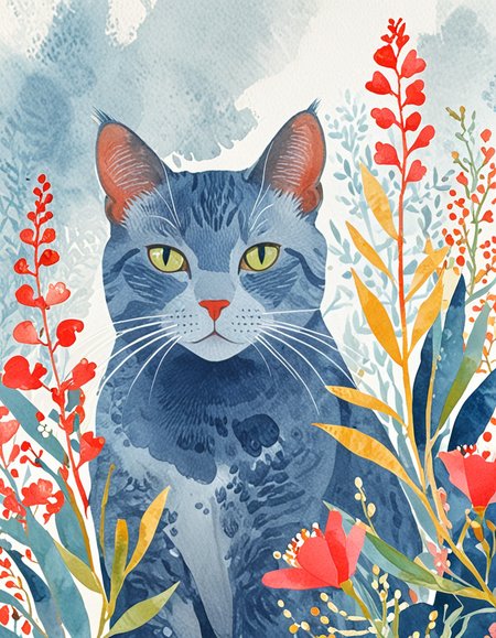 novuschroma45 style russian blue cat with snapdragon flowers  <lora:sdxl_lightning_8step_lora:1> <lora:novuschroma45 style_simple:1>