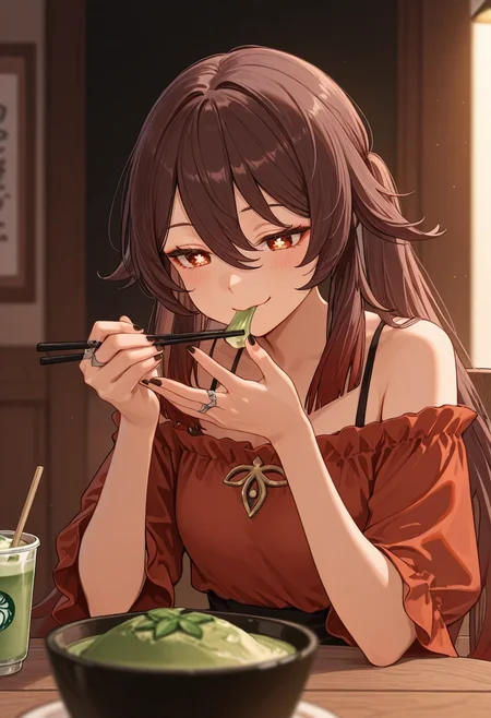 masterpiece, best quality, volumetric lighting, dramatic lighting, depth of field, sharp focus, semi realistic, realistic shading, warm natural lighting, (emphasize body curves:1.2), (mature female:1.2), (detailed face and eyes:1.2), (proper anatomy:1.3), natural interaction, (highlighted skin gloss:1.1), 
BREAK
1girl, hu tao \(genshin impact\),  sitting at table, eating lunch, casual cafe, off-shoulder top, brown hair, looking down at food, chopsticks in hand, matcha latte on table, relaxed, cheeks slightly puffed, indoor cafe setting, wooden table, seductive smile, 
<lora:illustrious_quality_modifiers_masterpieces_v1:0.6> <lora:MGE_V5.2_IL:0.7> <lora:ppw_v7_Illuv1.0_1_r2:0.4> <lora:USNR_STYLE_ILL_V1_lokr3:0.5>