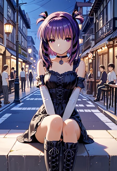 score_9,score_8_up,score_7_up,source_anime, high quality detailed, very aesthetic, 8K, 16K, high quality, best quality, detailed eyes, hand, beautiful hands, prefect hands, perfect anatomy, skin highlights, (1girl, looking away from viewer), Miho, sidelocks, purple hair, hair ribbons <lora:Miho_Tohya__Megatokyo:1>miho, choker, elbow gloves, fingerless gloves, gloves, greyscale, goth boots, sad expression, distant expression, sitting on street light , city, night, Japanese city, in sketchbook, colored marker style,
