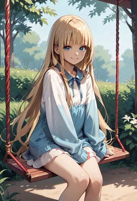 score_9, score_8_up, score_7_up, score_6_up, score_9, score_8_up, Sana Kashimura, 1girl, blonde hair, blunt bangs, long hair, smile, solo, very long hair, modern outfit, on a swing in the playground