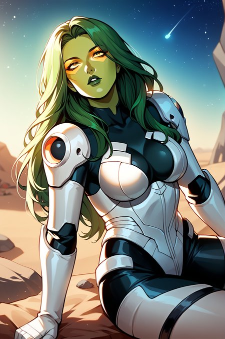 score_9, score_8_up, score_7_up, score_6_up, source_anime, BREAK masterpiece,  <lora:Gamora-GOTG:0.9>,  GamoraGOTG, green skin, green hair, colored skin, yellow eyeshadow, black bodysuit, white armor,  breasts, parted lips,  space, stars, looking up, long hair, looking up, sitting, rocks, desert, night