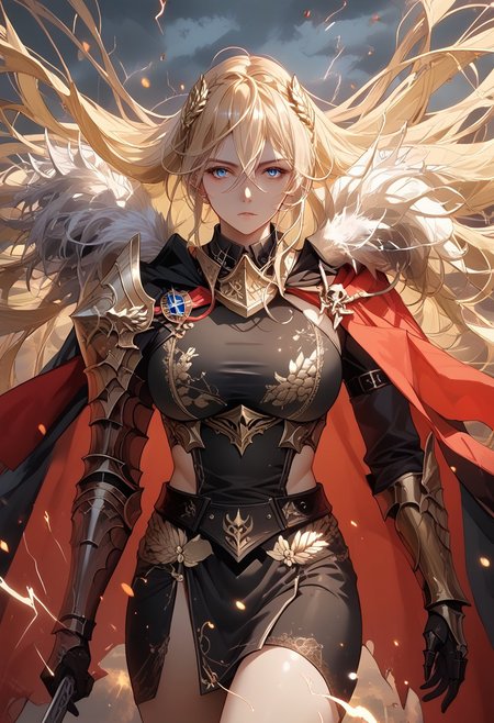 score_9, score_8_up, score_7_up, score_6_up, RAW, 8k, source_real, source_anime, cowboy shot, mlbszw, eldringpxl, elden ring, 1girl, solo, alternate costume, electricity, red lightning, dragon lord, dragon knight, full armor, plate armor, black armor, gold trim, breastplate, shoulder armor, pauldrons, armored boots, cuisses, gauntlets, holding sword, straight sword, crossguard, long hair, breasts, looking at viewer, blonde hair, very long hair, blue eyes, large breasts, military uniform, black cape, red cape, fur-trimmed cape, dragonlord placidusax, Expressiveh, azur lane, detail1eye,