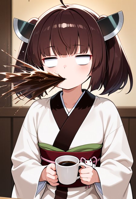 masterpiece, best quality, amazing quality,
touhoku kiritan, japanese clothes, 
holding mug, coffee, blank eyes, 
   <lora:SpitTake:1> spit take, spitting,