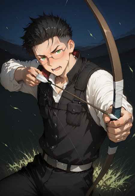 hu99y, 1boy, (waist high reed, weeds:1.8), detailed face,short black hair, undercut, dramatic, green eyes, stubble, (bow (weapon), aiming a bow at viewer, arrow:1.35), action pose, dark, mature, stubble, blush, howl, open mouth, scars, bruise, glasses, motion blur, angry
BREAK,masterpiece, best quality, very aesthetic,absurdres,newest, highest detailed, windy, film grain, look at viewer, red and black color scheme, foreshortening, dynamic shot, 