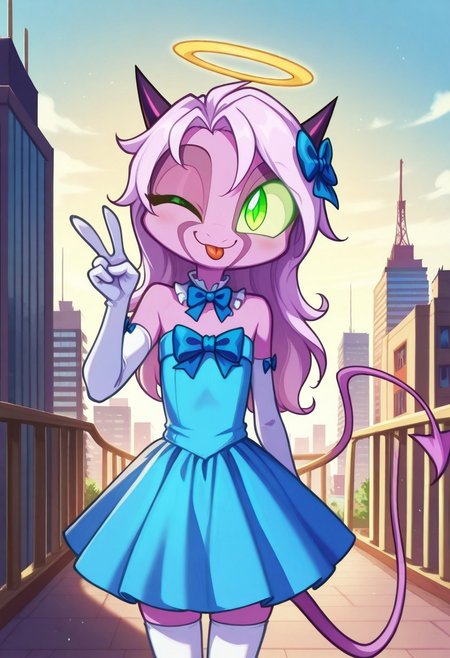 Dreamkeepers,1girl,Prelude_Namah,solo,demon tail, green eyes, horns, 
child, kid, 
masterpiece, best quality,  long hair, hair ornament, halo, tail, detached collar, frilled collar, white elbow gloves, multicolored dress, blue dress, blue bow, white thighhighs, smile, :p, tongue out, v, peace sign, hand up, looking at viewer, head tilt, one eye closed, outdoors, city,