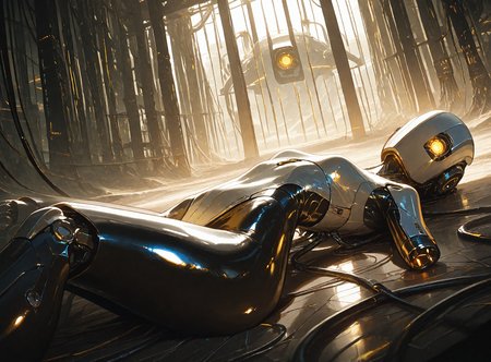 masterpiece, best quality, amazing quality, very aesthetic, absurdres,  newest,
scenery,dutch angle,intricate,humid skin, shiny skin, lab,neon lights, rella, rolua, negative space, cinematic shot,
BREAK
solo,glados, 1 girl,  robot,humanoid robot,robot joints, joints,android,yellow eye,one-eyed,no mouth, science fiction,cable,GLaDOSSDXL,metal eyes,metal skin, white skin,leg robot joints,hip robot joints,robot joints, thick thighs ,
shiny skin ,humid skin, bloom ,intricate ,volumetric lighting,
,on back, lying electric cable connects to body, cable, looking at viewer,amputee ,
<lora:illustrious_noobai_epsilon_pred_1_best_quality_v1:0.7> ,<lora:illustrious_noobai_epsilon_pred_1_masterpieces_v1:0.7>, <lora:ponyv4_noob1_2_adamW:0.7>, <lora:add-detail-xl:0.4>,<lora:UK shiny_skin1v_ILXL:1> <lora:DonMX3n0T3chXL:0.8>, <lora:GLaDOSSDXL:1>
masterpiece, best quality, amazing quality, very aesthetic, absurdres, newest,