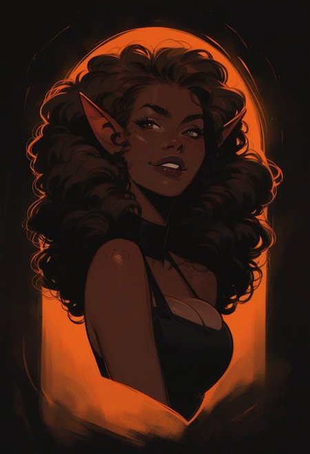 score_9, score_8_up, score_7_up, solo, brown hair,  (big lips:0.8), smirk, freckles, skinny, dark skin, dark lips, medium breasts, dark background, elf, cute, clothed,  curly hair, full body, big hair, thin, bursting breasts
