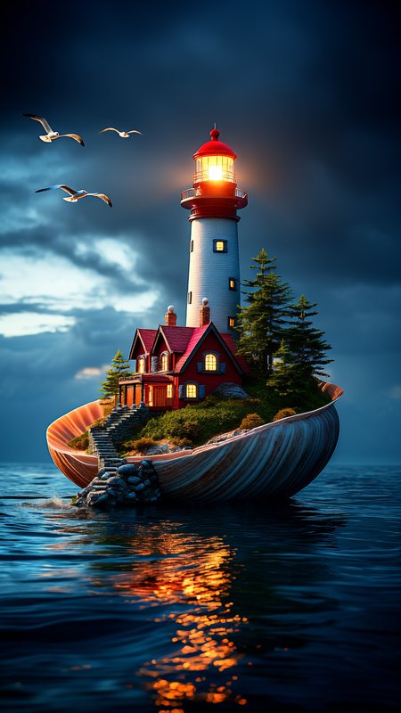 The image depicts a whimsical and surreal diorama scene of a lighthouse situated on a large, seashell-shaped boat floating in the ocean. The lighthouse is tall and cylindrical with a red top and a lantern room that emits a warm, yellow light. It is accompanied by a cozy, red-roofed house with multiple windows, each glowing with a soft, inviting light. The house is surrounded by lush greenery, including tall trees and various shrubs, adding to the idyllic setting. The seashell boat itself includes rocky ledges, with a stone staircase leading up from the water to the house. The water surrounding the boat is calm, with gentle waves lapping against the base of the shell. The sky above is dramatic, with dark, billowing clouds illuminated by the light from the lighthouse, creating a striking contrast between the dark sky and the warm, inviting glow of the lighthouse. Seagulls are flying in the sky, adding a sense of movement and life to the scene. The overall atmosphere is magical and serene, evoking a sense of wonder and tranquility.