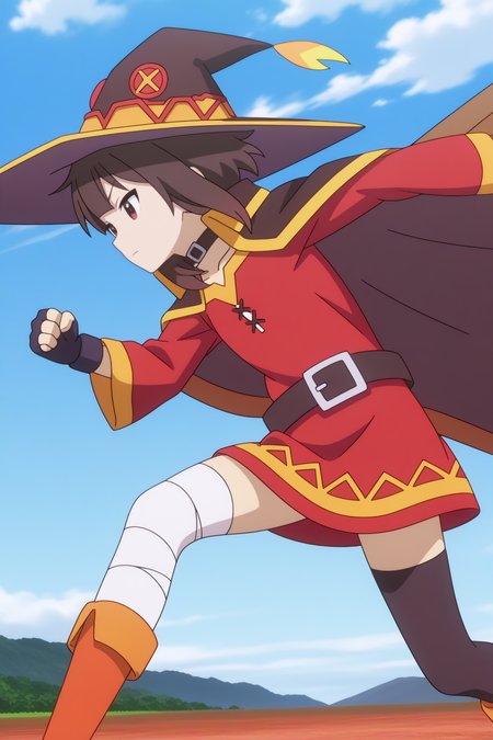 dynamic pose,  Megumin, asymmetrical legwear, short hair with long locks, witch hat, collar, dress, cape, belt <lora:Konosuba_Bakuen_-_Megumin_-_illustrious:0.8>