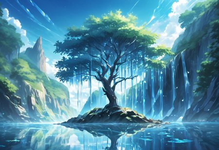 (masterpiece), best quality, Symphtia-Style, Anime, Illustration, (One Tree, Crystal, Reflection), Detailed Background, No Humans, (Light Refraction), Symphtia-Style, Zyrnox-Exoterra Style, Natural Lighting, Waterfall, Water