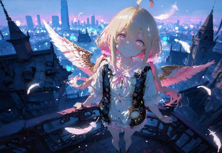 ((standing,smile,negative space:1.5))

1 girl, short and petite,(waist length hair:0.9), (straight hair:0.8),blonde hair, (vibrant pink accents hair:1.1),fair skin,pink eyes, (sparkling eyes:1.1),ahoge,small wings ,floating feathers,(twintails:1.3)

(Modern Casual outfit:1.3),(modern city architecture:1.5),(skyscraper:1.5)

glimmer, sparkling effects,(anaglyph refraction:1.5,(Bokeh around character:1.3),(character focus:1.2),((dynamic pose:1.4)),((foreshortening:1.6)),((extreme perspective:1.4))

748cmstyle,Cunnystyle,XUER guangying,Smooth_Quality,amazing quality, ((aesthetic:1.3)),(bold lines:1.3),((4k,8k,Ultra HD)),((Masterpiece :1.2)),((Best quality :1.2)),((Detailed :1.5)),((Detailed background :1.5)),