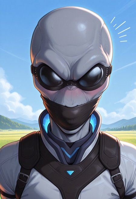 masterpiece, best quality, amazing quality, very aesthetic, dynamic lighting, absurdres, newest, 1boy, solo, crypto, 1boy, male, solo, alien, grey alien, leather blindfold, mature male, embarrased expression, outdoors, muscular, farmstead,over the mouth gag, close up on upper half, portrait, w0lfc0nf, blushing, arms tied behind back, harness,