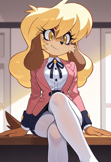 1girl, solo, <lora:Candleyy:1> candleyy, sitting, cross-legged, energetic chuckle, bright expression, lively pose,
1girl, furry, franchesca \(greycatr\), poodle, blonde hair, dark pink mascara, yellow eyes, light brown fur, brown fur ears with blonde tuft on ends, brown tail with blonde puffball on end, receptionist outfit, button-up shirt, short blazer, skirt, white pantyhose, neck ribbon, extremely detailed, highres, masterpiece, best quality