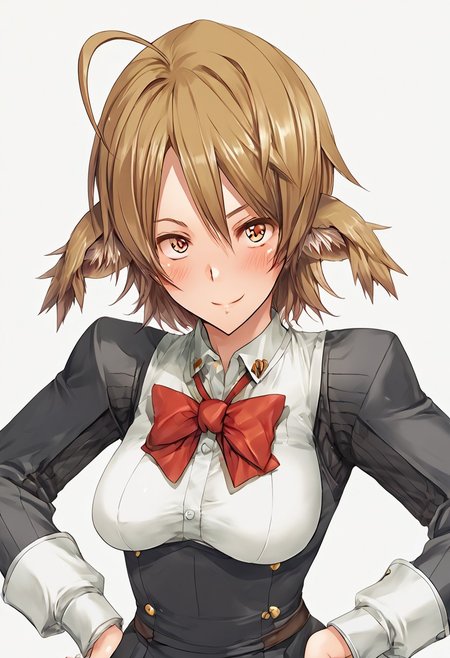 score_9, score_8_up, score_7_up, score_6_up, score_5_up, score_4_up, BREAK,  <lora:cmarket0826-sdxl-000028:1>, noa riads, 1girl, solo, breasts, blush, smile, short hair, simple background, brown hair, long sleeves, fluffy tail, ahoge, animal ears, dog ears, medium breasts,  swept bangs
shiny skin, school uniform, red bowtie, white shirt, black skirt, hands on hips, frown, blush, looking at viewer,
upper body, Eye focus
fr0nt1nn0c3ntStyl3, Style: Front Innocent,