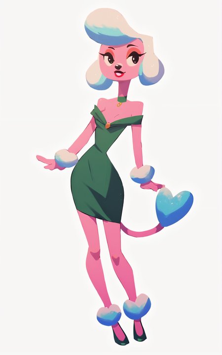 score_9, score_8_up, score_7_up,((best quality)), absurdres,((full body)),  <lora:3d-2d:0.8>, <lora:MarieHKPXL:1>,MarieHKPXL,dress, green dress, bare shoulders, white hair, tail, black eyes, choker,white background, animal nose,slim, short dress, pink skin, lipstick, makeup, green footwear,pompadour