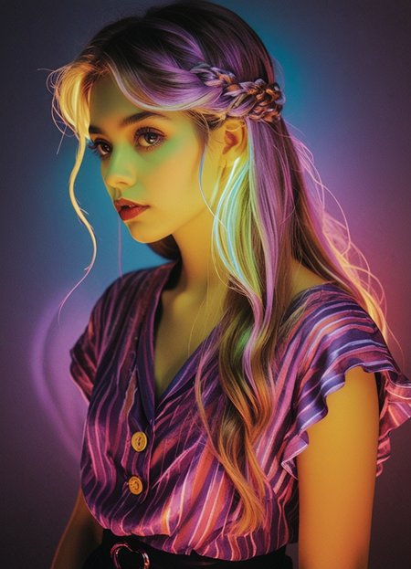analog film photo anime artwork, grand photograph, Polaroid, surprised  28-year-old woman, (long glowing hair:1.1), canon 5d mark 4, neon light, kodak ektar, flamboyant, pastel colors, curved lines, elaborate detail, faded film, 35mm photo, grainy, vignette, vintage, Kodachrome, Lomography, stained, highly detailed, found footage (art by jc leyendecker:1.1) <lora:br1ghtXLP:0.7> multicolored <lora:43stl1ght1ngXLP2:0.7> 43stl1ght1ng, low light, dramatic lighting, darkness, neon, spotlight <lora:envyStarlight_v10:0.8>  <lora:sss:0.8>