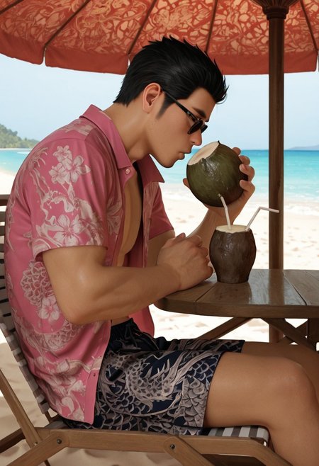 masterpiece, best quality, amazing quality, absurdres, newest, detailed background, definition so sharp, Ultra-HD, 8K cinematic, very awa, impressionate, amazing quality, highres, realistic, 
solo, male focus, manly, day, sunbeam, beach chair, under umbrella, sunglasses, from side, table, drinking coconut, relaxing,
kiryuchan, kiryuchan_black hair, kiryuchan_black eyes, 1boy, solo, male focus, short hair, facial hair, sideburns, pink collared shirt, open shirt, dragon pattern on shirt, hawaii shorts, beach, wooden sandals