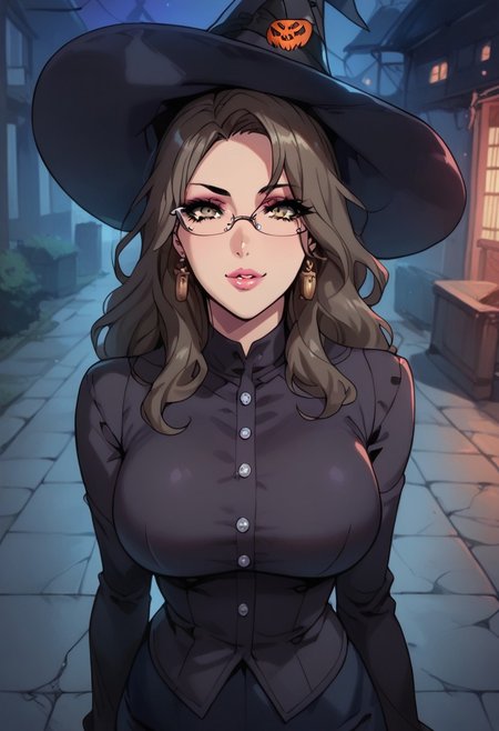 score_9, score_8_up, score_7_up, Expressiveh, g0thicPXL, high quality, 1girl, solo, long brown hair, yellow eyes, lipstick, eyeliner, hud_tr4d_w1tch, witch hat, knee length dress, long sleeves, buttons, trick or treat, halloween, walking through fantasy town, town square, 18 year old, 1girl, sexy girl, (pouty lips), bimbo lips, riofutaba, rio futaba, long hair, brown hair, large breasts, natural breasts, hair ornament, glasses, looking at viewer, solo, sexy, glamor, sexy pose, flirty, seductive, skindentation, seductive expression, horny, aroused, naughty face, erotic, motion lines, people watching, smile, high heels, view from above