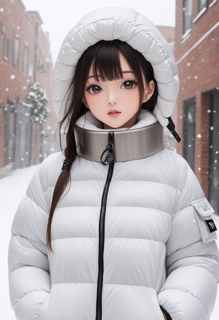 (white oversized down jacket:1.4), (white oversized puffer jacket:1.4), (oversized winter clothes:1.4), (puffer collar:1.4), upper body, pencil medium skirt, girl, winter, very very cold, snow, snowing, (Thick steel padded collar:1.4), (TSH:1.4), (Thick steel padded cuffs:1.4)