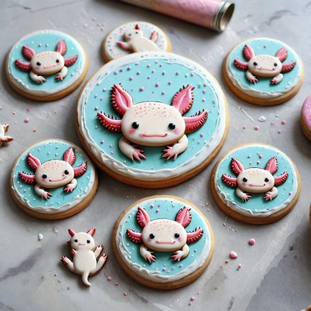 <lora:lora:1>cookie art design,  <lora:Axomodelv2.1:1> simple round cartoon  cookie art,  delicious cute axolotl  cookies  with icing, flat cookies, cookies with cute design  <lora:add-detail-xl:1.5>,