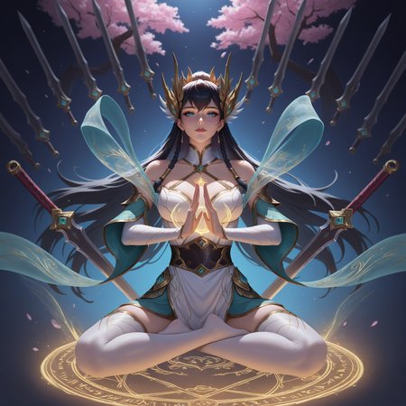 masterpiece, best quality, highres, newest, absurdres,ireliadivine, 1girl, two toned dress, white dress, teal dress, blue eyes, detached sleeves, golden hair ornament, bare shoulders, black hair, twin braids, long hair, golden ornate belt, detached collar, teal ribbons, white thighhighs, meditation pose, lotus position, floating, glowing magic circle, cherry blossom grove, floating swords, moonlight, ethereal glow, gentle breeze, full body,<lora:DivineSwordIrelia1980Test:1>