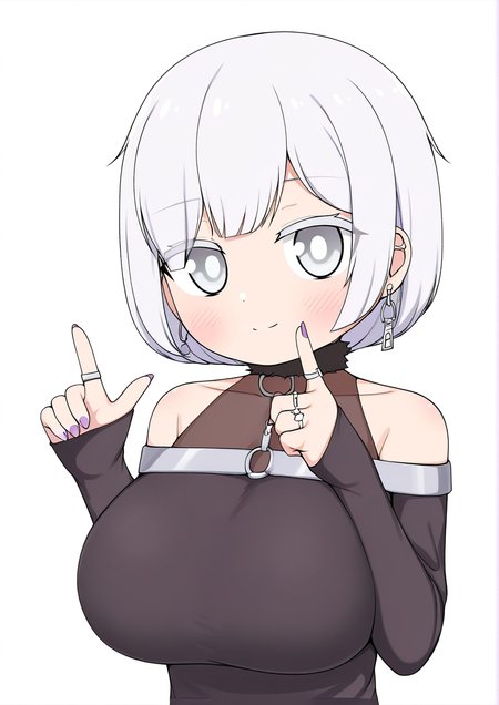 <lora:Pelican:1>,1girl, huge breasts, bare shoulders, blush, bob cut, breasts, closed mouth, colored eyelashes, dress, earrings, eyelashes, eyes visible through hair, fur collar, hands up, index finger raised, jewelry, long sleeves, looking at viewer, multiple rings, nail polish, off shoulder, own hands together, purple nails, ring, short hair, silver trim, sleeves past wrists, smile, solo, split mouth, upper body, w, white eyes, white hair,