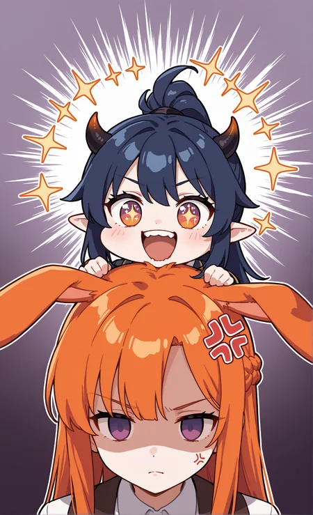 masterpiece, sharp detail, intricate detail, 2girls, happy, (chibi:1.2), sparkling eyes,  bite, teeth, dark blue hair, orange tips, vivid orange eyes, ponytail, demon horns, pointy ears, <lora:nineface-chibi-noob1-5:0.7> 
2girls, biting another head, serious, empty eyes, anger vein, french braid, long hair, purple eyes, orange hair, straight hair, orange rabbit ears, shaded face,