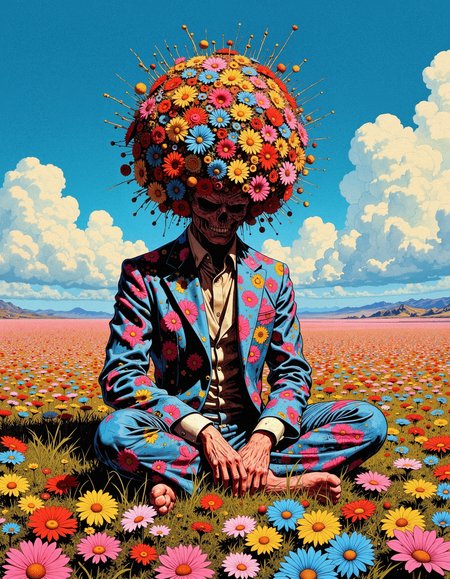 In the center of a vast, surreal landscape sits a figure, their body clothed in an elaborate, floral-patterned suit, textured as though sculpted from clay. Instead of a head, their form is crowned by a dense, spherical cluster of multicolored flowers, each petal sculpted with unnerving precision. The field beneath and surrounding them is a sea of identical, vivid flowers, stretching into an infinite horizon, creating a disorienting, dreamlike repetition. The sky above is unnaturally still, with pristine, cloud-like formations that feel staged against the otherwise psychedelic backdrop. The figureâs stillness, paired with the overwhelming floral patterns, evokes a sense of deep unease, as if this vibrant garden world is part of a never-ending DMT-inspired loop where the boundaries of individuality and nature dissolve into a kaleidoscopic fever dream,  <lora:models\Flux\Comic book V2:1.5> in style of comic book,,