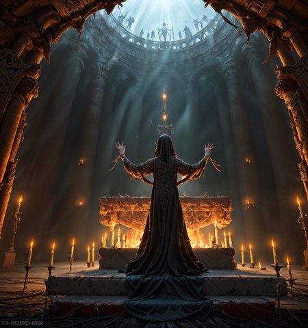RAW photo, (masterpiece:1.3), subsurface scattering, heavy shadow, (high quality:1.4), (intricate, high detail:1.2), professional photography, HDR, High Dynamic Range, realistic, ultra realistic, photorealistic, high resolution, film photography, ambient lighting, atmospheric effects, <lora:detail_slider_v4:2>, OverallDetail, <lora:Sacrifice-10:1>, sacrifice1, a dark altar in the forest, a female priestes of the dark gods, sinister ritual, fire, fog, night, epiCPhoto