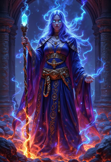 neonpunk style breathtaking A beautiful sinister Tzeentch female cultist from Warhammer Fantasy, dressed in elaborate, flowing robes of deep blue and purple with gold embroidery decorated with the symbols of Tzeentch. Her face is partially hidden by a gold mask her eyes glowing with an eerie otherworldly blue light. She is surrounded by swirling arcane flames and tendrils of chaotic energy,. The setting is an ancient temple of chaos filled with occult runes and glowing sigils with shadows that twist and warp. The mood is mysterious and foreboding with vibrant colors and intricate details conveying a sense of dark forbidden knowledge.
 Hyper detailed in the artistic styles of Adrian Smith, Mark Gibbons, and Paul Dainton
highly detailed background
 <lora:aidmaGLOWV4wc:0.55> aidmaglow <lora:Aura_Flux:0.55> auralora  <lora:FluxMythP0rtr4itStyle:0.4> mythp0rt .