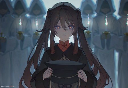 artist:john kafka,artist:rei \(sanbonzakura\),artist:fuzichoco,artist:betabeet,artist:quasarcake,artist:diyokama, best quality, amazing quality, very aesthetic, absurdres, best quality, masterpiece, newest, void 0, genshin impact, hu tao \(genshin impact\), 1girl, 6+others, ambiguous gender, brown eyes, brown hair, candle, flower-shaped pupils, hair between eyes, hat, holding, holding candle, holding hat, holding unworn clothes, hood, hood up, hooded robe, multiple others, robe, solo focus, symbol-shaped pupils, tears, twintails, web address, close-up
