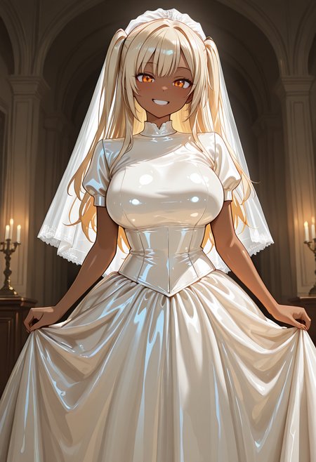 masterpiece,best quality,amazing quality, very aesthetic, ((outlined outlined vector graphics)), cute face, (glow eyes:0.5) ,  from front,  looking at viewer ,beautiful scenery,
1girl,
20yo, large breast, orange eyes, (blonde hair:1.3),long hair, (two side up:1.1), (dark skin:1.2), dark skin girl, (tall:1.2), ,bangs
,
smile, grin  , latex wedding dress,latex-wedding-dress, veil, wedding dress,short sleeve  <lora:latex-wedding-il-01:0.8>