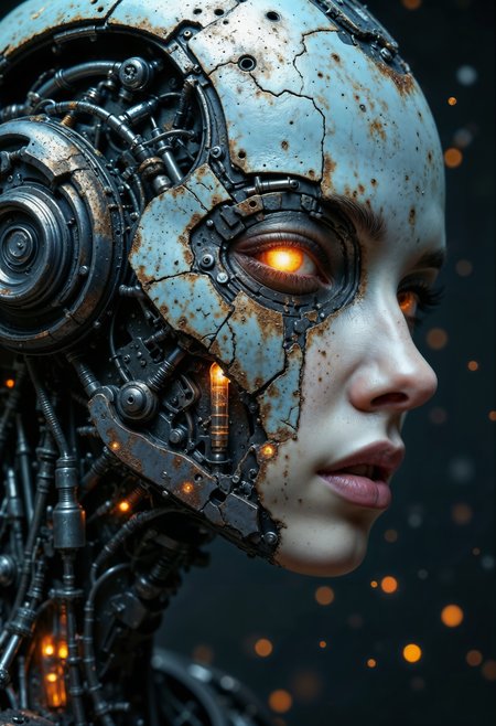 This image depicts a striking, highly detailed portrayal of a humanoid cyborg, blending human features with futuristic, mechanical elements. The face of the cyborg is primarily human in appearance, with soft, natural-looking lips and skin that has a metallic, bluish tint. However, mechanical components are integrated into the face, particularly around the eye and temple areas, where circuits and metal plates are fused with organic elements. The character's right eye glows with an intense, fiery light, suggesting advanced cybernetic technology or an inner power source. The surrounding machinery on the face is intricately detailed, featuring visible wires, bolts, and rusted textures, adding a gritty, industrial feel to the artwork. Some of the mechanical parts appear worn, with thin streams of oil or fluid dripping down, adding to the sense of age or wear. The overall color palette features metallic blues, copper, and orange highlights, contributing to a high-tech yet dystopian atmosphere. The background is dark, with faintly glowing circuit-like designs, enhancing the futuristic, cyberpunk aesthetic. This cyborg character appears both powerful and eerie, blending beauty with a cold, machine-like nature, creating a compelling contrast between human emotion and robotic existence.