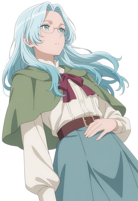 Smooth Quality,masterpiece, ultra realistic,
simple background, white background,
dynamic angle,0 0,hand on own stomach,
 <lora:EvaLuria:0.8> Eva/Cnn, Sist2/Cnn, 1girl, glasses, long hair, blue hair,green capelet,glasses,