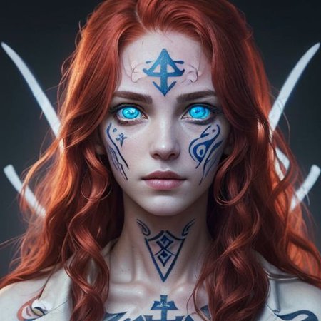 bright red hair, human female, (feminine:1.7), (beautiful face, detailed face:1.6), (beautiful eyes, detailed eyes:1.7), (looking at viewer, eye contact, intense:1.6), (long hair, red hair, curly hair:1.3), , ((masterpiece, best quality, high resolution, realistic, best quality,)), photo realistic, Perfect Face, (detailed face). <lora:GoodHands-vanilla:0.6> <lora:add-detail-xl:0.8>, mage, (Dress White military uniform coat), dagger, rune dagger, glowing runes, , (((glowing magic symbols tattoos, religious tattoos))), ((face tattoos)), glowing tattoos, stone tower in the background
