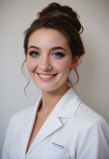 score_9, score_8_up, score_7_up, 1girl, incredibly cute, 28 years old, sexy smile, brown hair, updo, dark eyeshadow, blush, pale blue eyes, ultra realistic photo, detailed skin, pharmacist