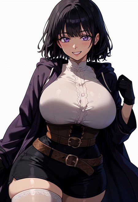 score_9. score_8_up. score_7_up. score_6_up. score_5_up. score_4_up, source_anime, 1girl, solo, calm, smile, smirk, seductive, squinted eyes, blushing, open mouth, 1girl, very_massive breasts, wide hips, thin waist, thick thighs, morgan_(female)_(fire_emblem), black hair, medium hair, bangs, purple eyes, purple robe, black robe, hooded robe, open robe, brown corset, white shirt, black shorts, black gloves, (((brown belt))), white stockings, cowboy shot, white background, <lora:ebora-Style-PonyXL-GLoRA-000049:1>, there is a lack of fire