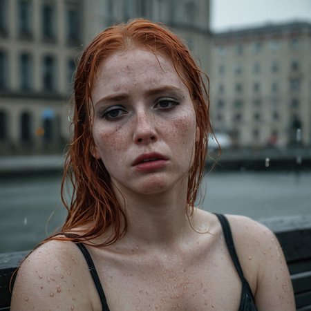 exotic woman, candid photo, slightly overweight, real curves, realistic, sad, crying, desperate, heartbroken, tears, __Eyecolor__ eyes, extremely wet __Haircolor__ hair, ((dark makeup)), hyperdetailed photography, soft light, head and shoulders portrait, freckles:0.1, cover, soft light, sitting on a bench, gray wet city background, soft __Neoncolors__ neon signs on the distance.