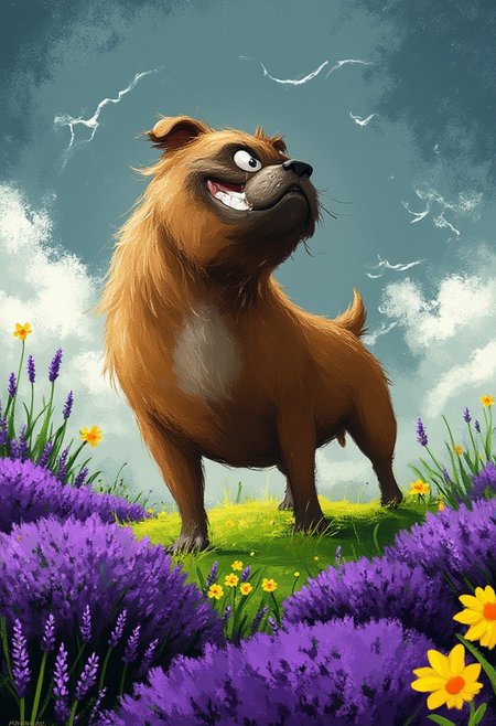 A whimsical illustration of a stretched bulldog with in dark whimsical art style, facing powerful wind blast, standing among purple lavender and yellow daffodils, digital painting with expressive brushstrokes showing rippling fur and flying drool, windswept meadow background, characteristic Tim Burton inspired design with watery eyes and exposed grinning teeth