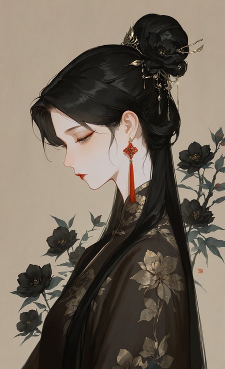 masterpiece, best quality, good quality, very awa, very aesthetic, absurdres, newest,  Chinese girl, solo, long hair, simple background, black hair, hair ornament, closed mouth, jewelry, upper body, flower, sidelocks, earrings, hair flower, hair bun, from side, parted bangs, grey eyes, eyelashes, profile, expressionless, chinese clothes, looking down, half-closed eyes, floral print, single hair bun, tassel, brown background, floral background, red lips, tassel earrings, black flower, updo, flower earrings, parted hair,(Chinese painting, ink,:1.2), <lora:ponyv4_noob1_2_adamW-000017:0.8> <lora:USNR_STYLE_XL_lokr:0.45> <lora:EtherSDXL:0.15> <lora:zzziGnXL_il_lokr_V531:0.4>