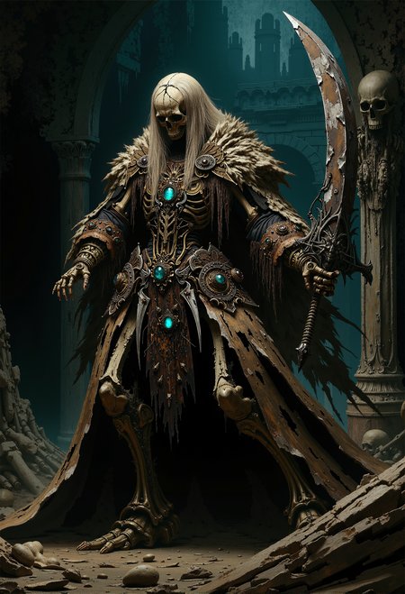An elaborate Baroque-style oil painting of a high-ranking skeleton warrior, mid-swing with a massive, broken broadsword. Its turquoise, glowing eye sockets blaze with an eerie light, set in a cracked skull. The tattered remains of a leather armor cling to its decayed frame, ripped and battle-worn. The jagged, chipped broadsword arcs through the air with force, as if the warrior is locked in eternal combat. The ornate details of the armor and weapon contrast with the grime and filth covering the skeleton's bones. In the background, the dim, ancient catacombs stretch into darkness, lined with crumbling stone walls and shadows. The scene is dynamic, powerful, and hauntingly majestic. <lora:- Flux1 - vanta_black_V1.0.safetensors:0.75>, <lora:FluxDFaeTasticDetails.safetensors:0.2>,  <lora:Elden_Ring_-_Yoshitaka_Amano.safetensors:1.0>,  <lora:svgvrs_flx_EliPot.safetensors:0.5>,